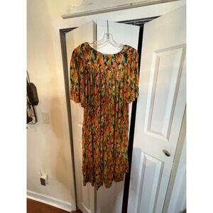 Vintage 90s Go Softly Rayon Patio Dress with‎ Pockets – Size L – Feather Print